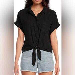 Anthropologie CLOTH & STONE Short Sleeve Black Button Up Tie Waist Blouse Size L
